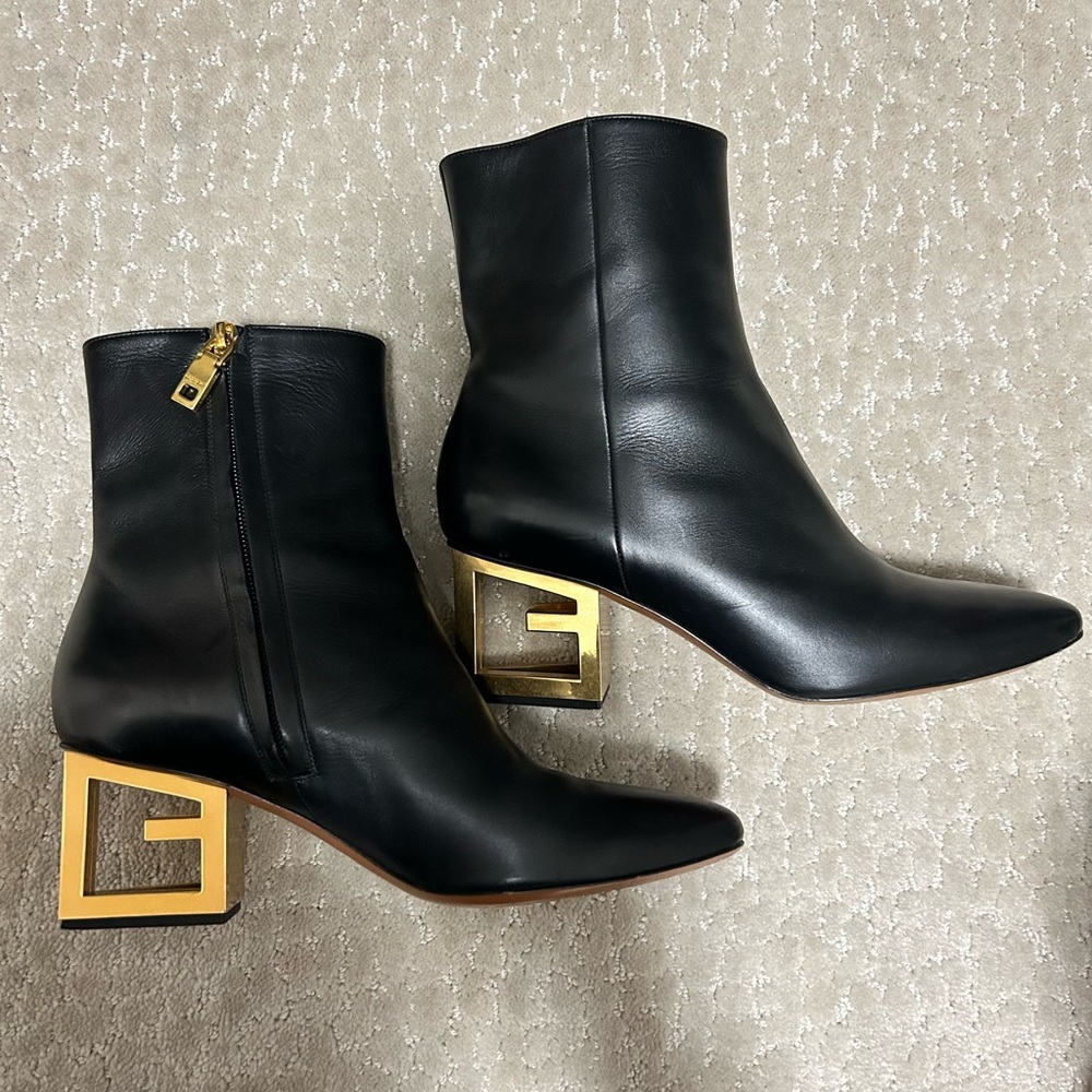 Black Leather Ankle Boots with Gold Heel